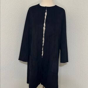 Tahari Elegant Suede like Black Long Sleeve Blazer Jacket Coat Lace Trim L Large